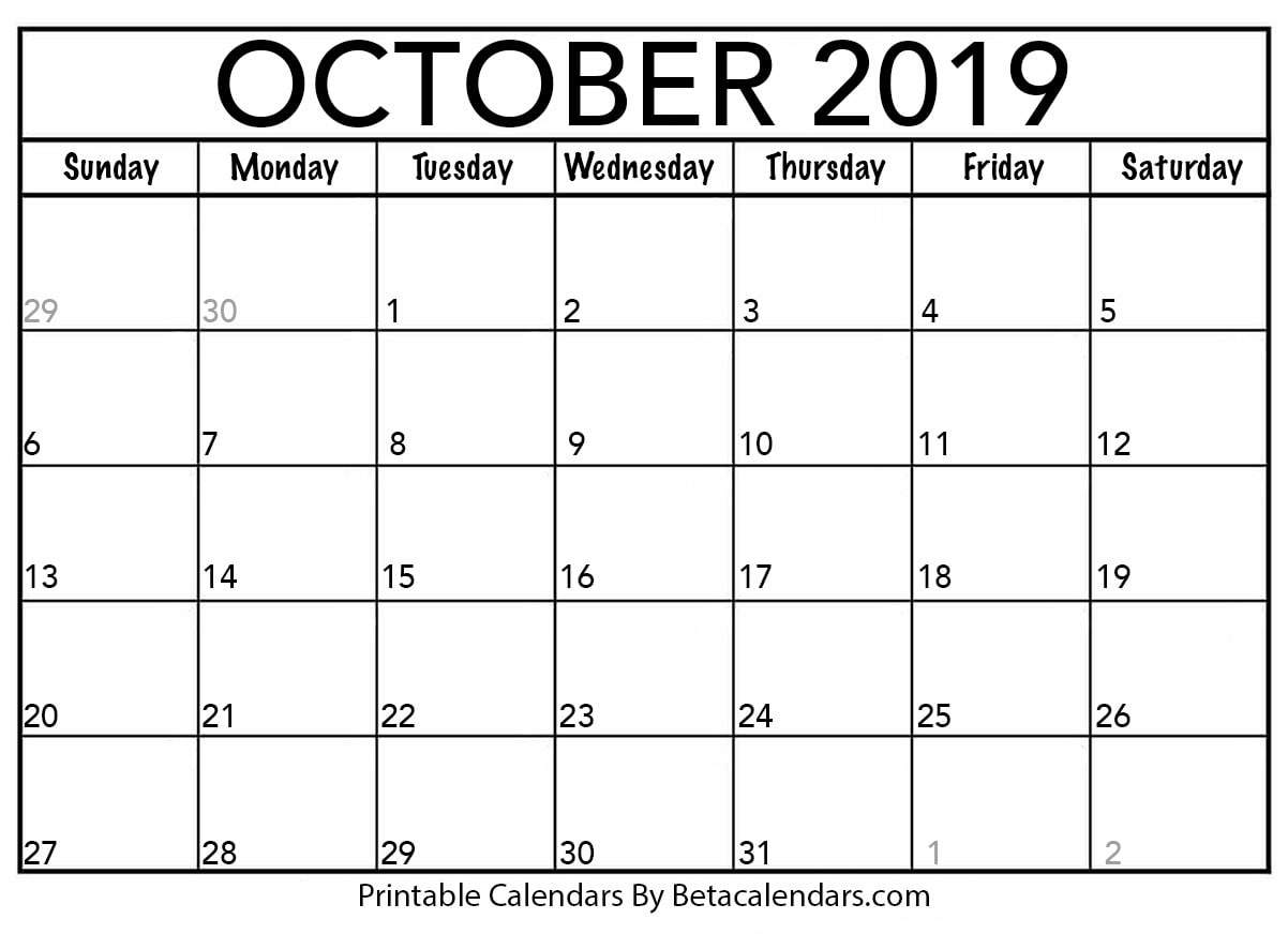 Blank October 2019 Calendar Printable Beta Calendars