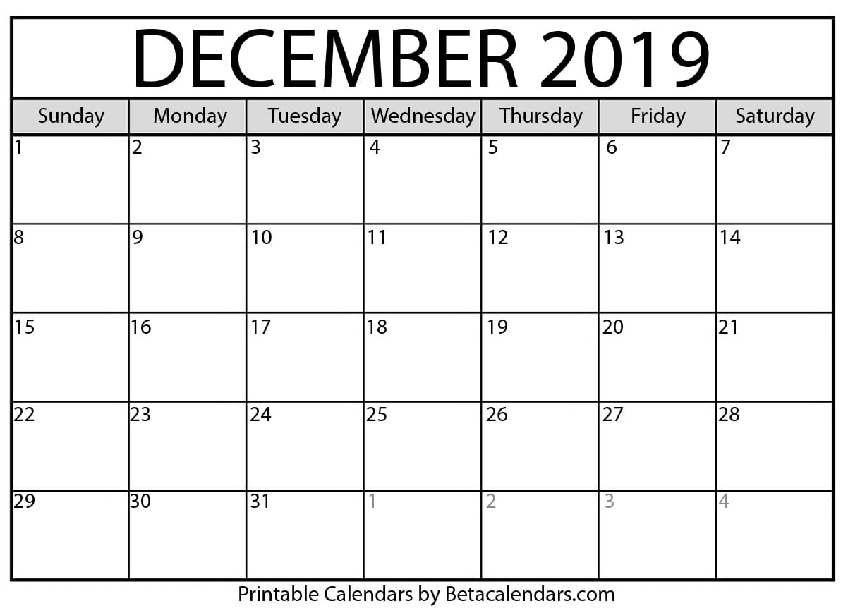 Blank December 2019 Calendar Printable Beta Calendars