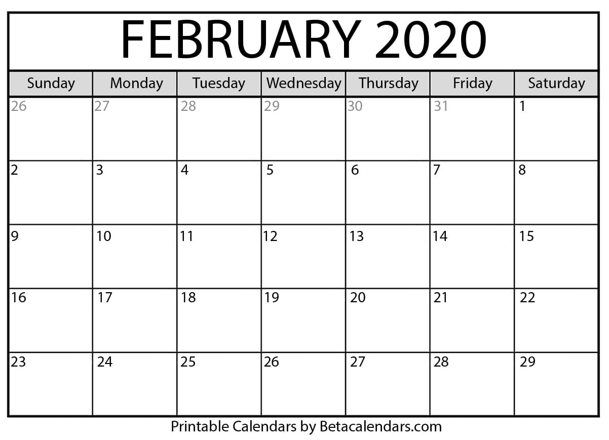 Blank February 2020 Calendar Printable - Beta Calendars