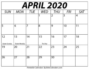 April 2020 Calendar with holidays