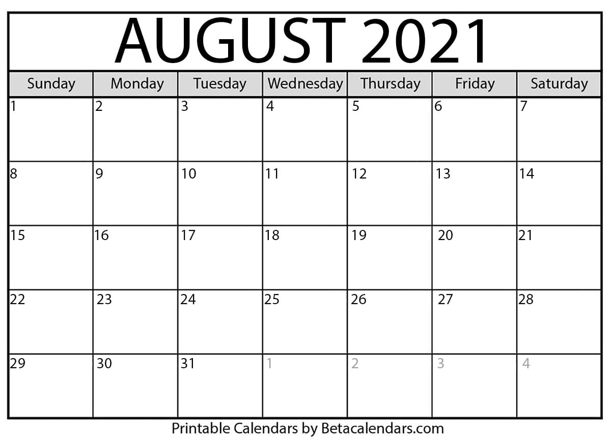 August 2021 Calendar Blank Printable Monthly Calendars