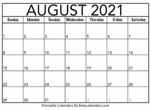 Blank August 2021 Calendar