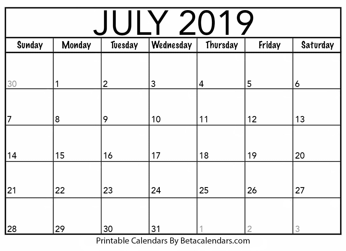 Blank July 2019 Calendar Printable Beta Calendars