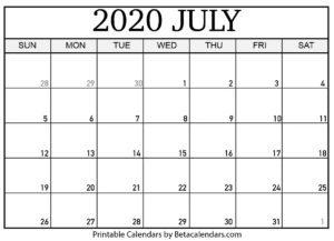 Blank July 2020 Calendar