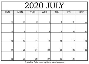 Blank July 2020 Calendar