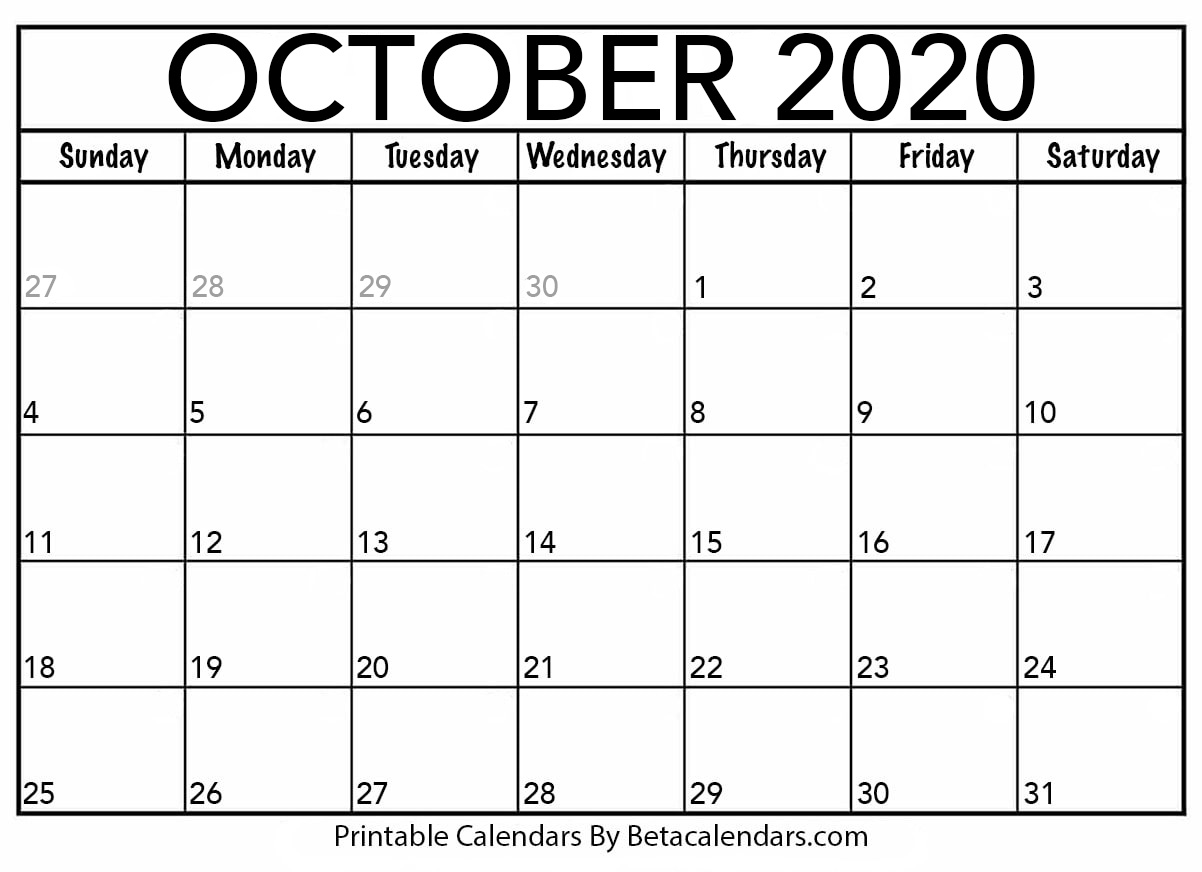 October 2020 Calendar Blank Printable Monthly Calendars