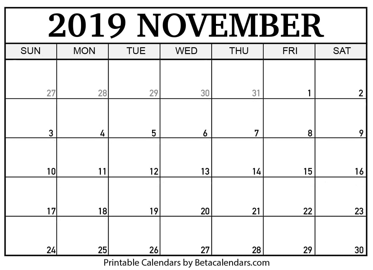 Blank November 2019 Calendar Printable Beta Calendars