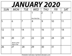 January 2020 Calendar with holidays