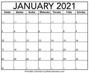 January 2021 Calendar Printable