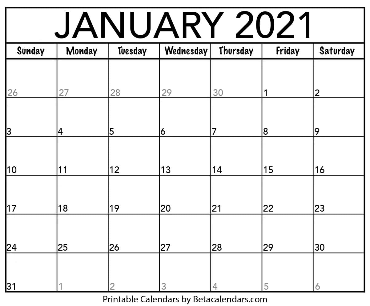 January 2021 Calendar Blank Printable Monthly Calendars