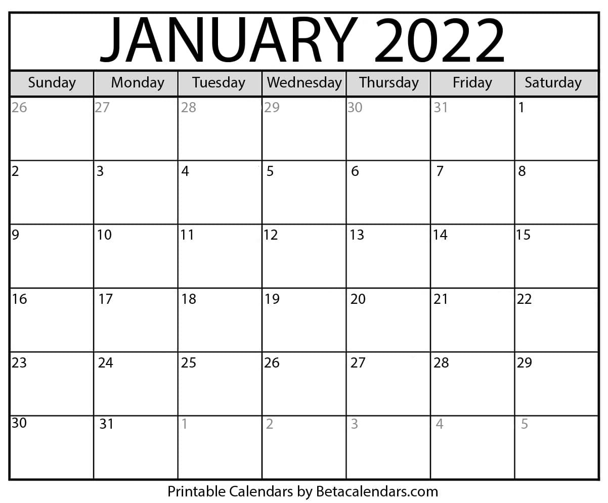 Free Printable January 2022 Calendar