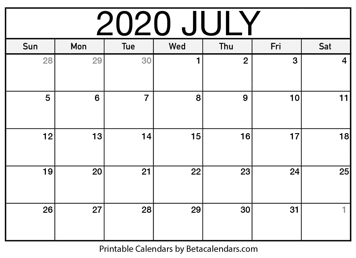 Printable July 2020 Calendar Beta Calendars