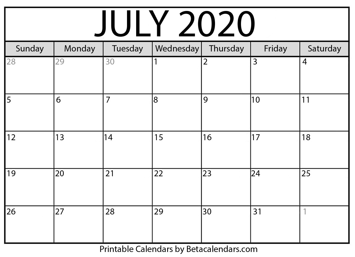 Printable July 2020 Calendar Beta Calendars