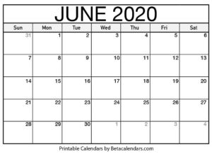 June 2020 Calendar Printable