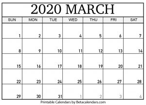 March 2020 Calendar Tempalte