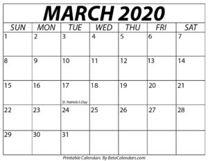 March 2020 Calendar with holidays