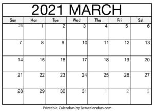 March 2021 Calendar Printable
