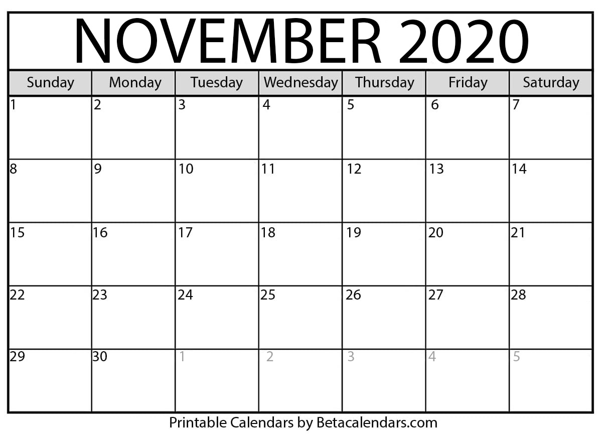 November 2020 Calendar Blank Printable Monthly Calendars