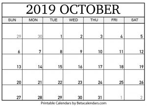 October 2019 Calendar Printable