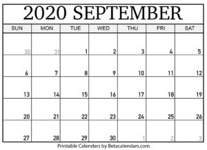 September 2020 Calendar Printable