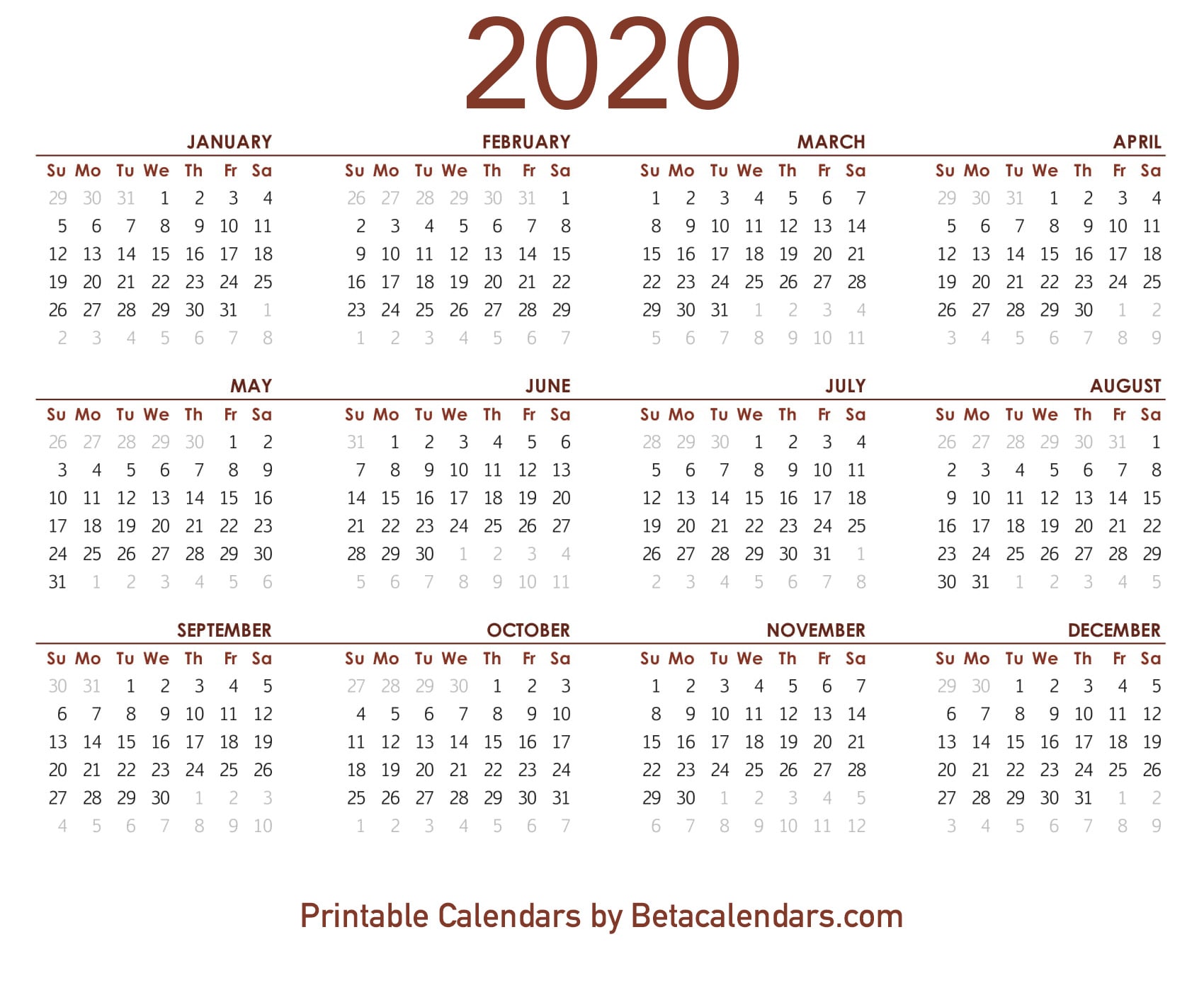 Yearly Calendar Template 2020 from www.betacalendars.com