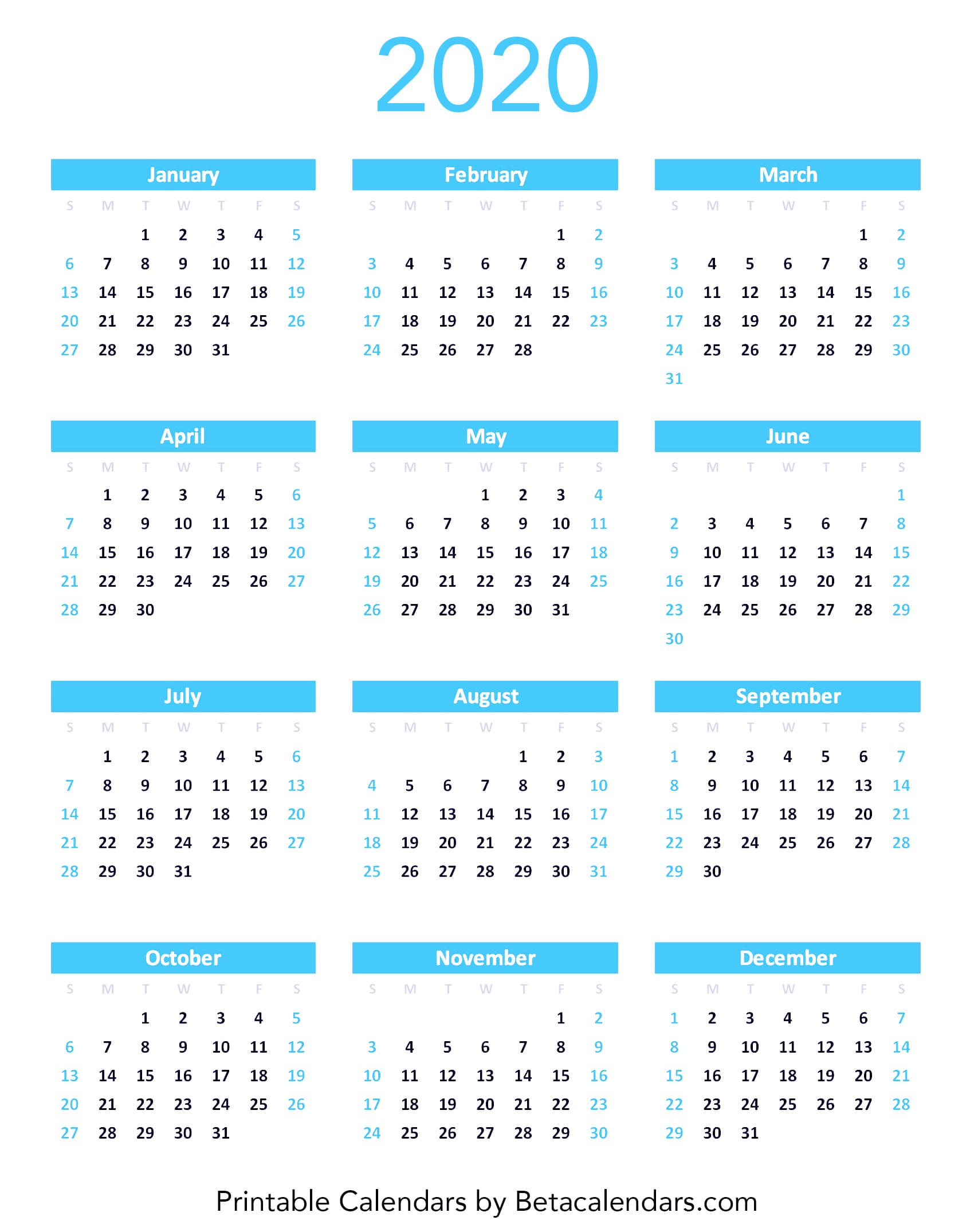 2020 Calendar Free Printable Yearly Calendar 2020