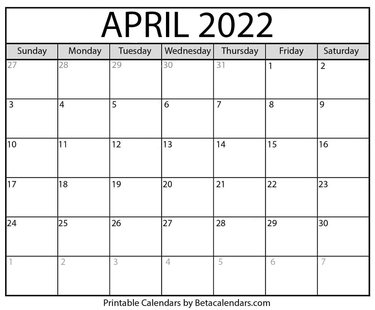 2022 Monthly Calendar Printable Free April 2022