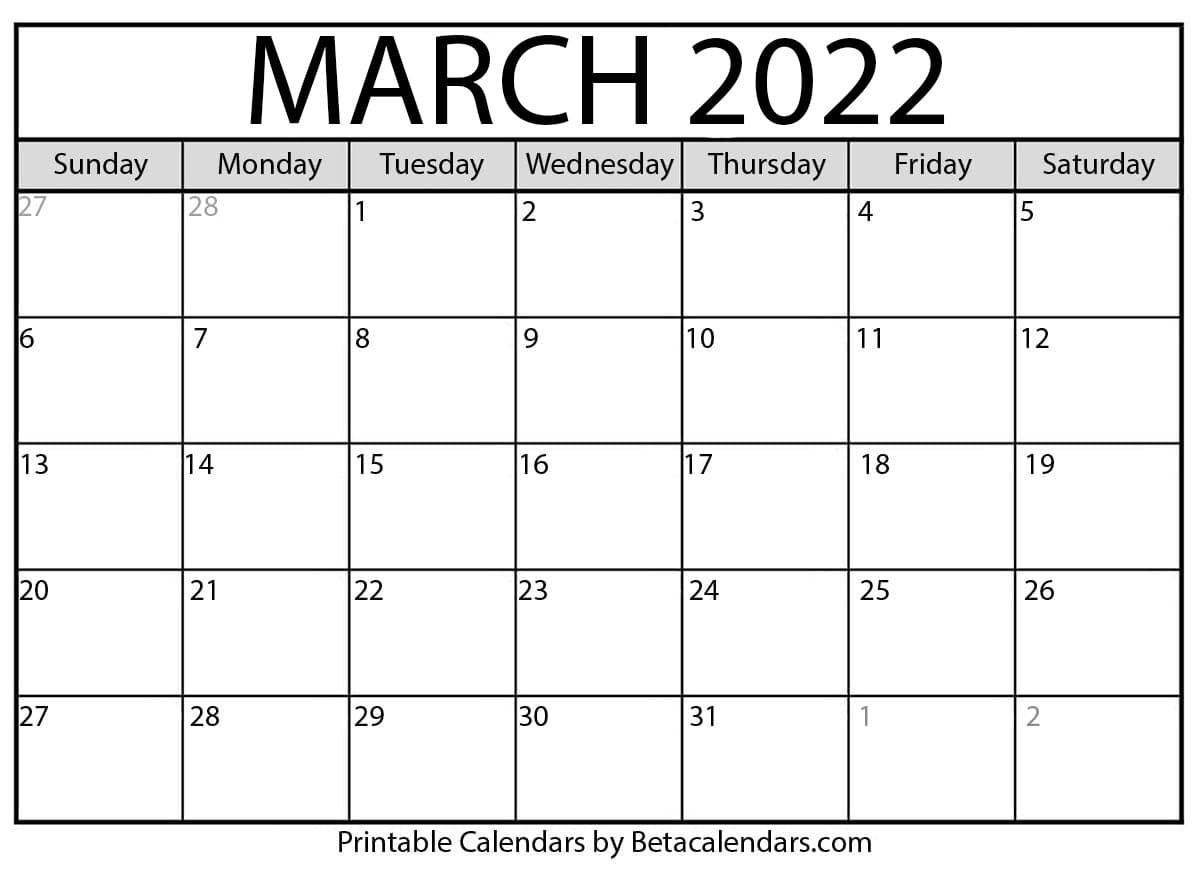 March 2022 Free Printable Calendar Free Printable March 2022 Calendar