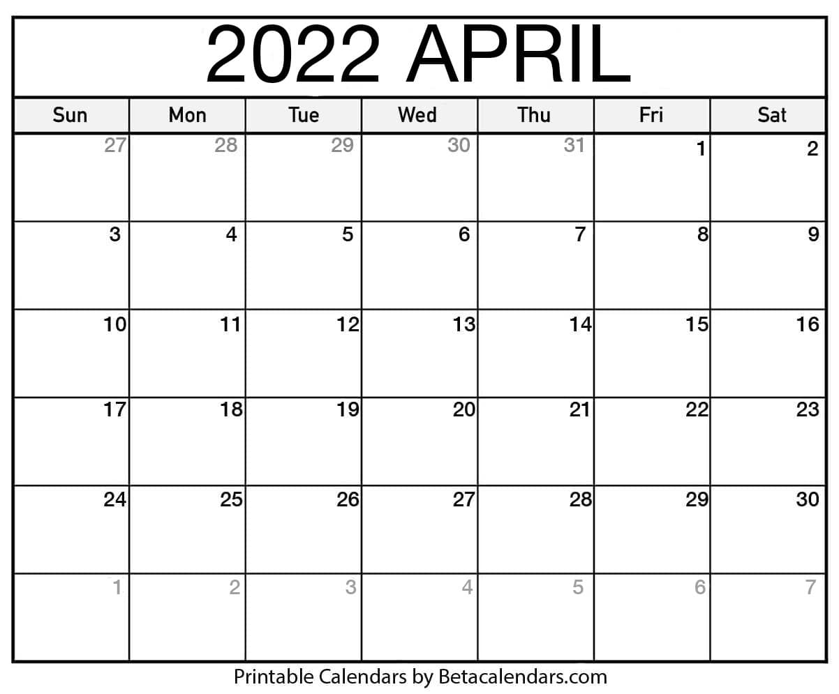 Free Printable April 2022 Calendar