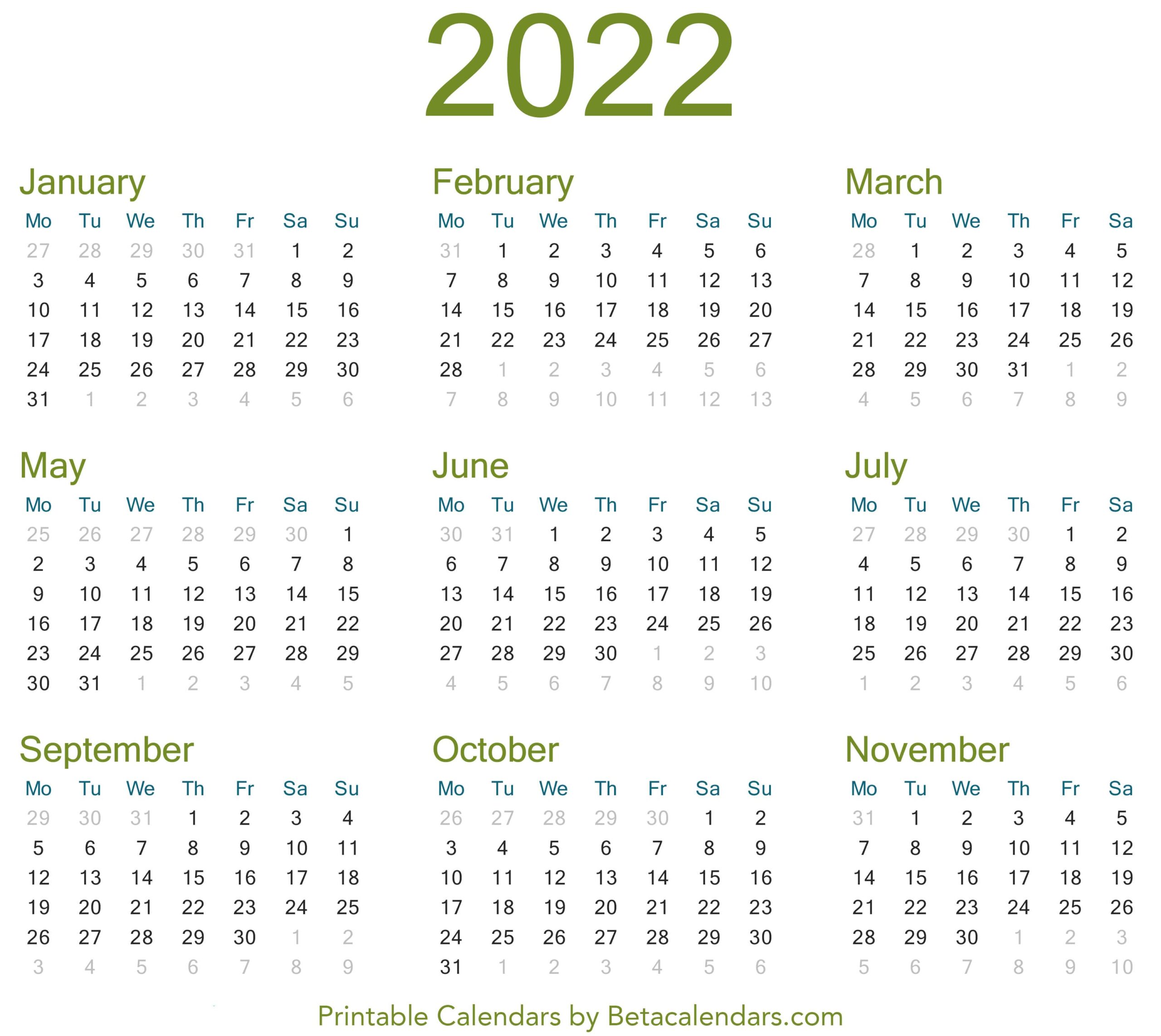 Printable Calendar 2022 with Holidays
