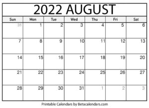 August 2022 Calendar Printable