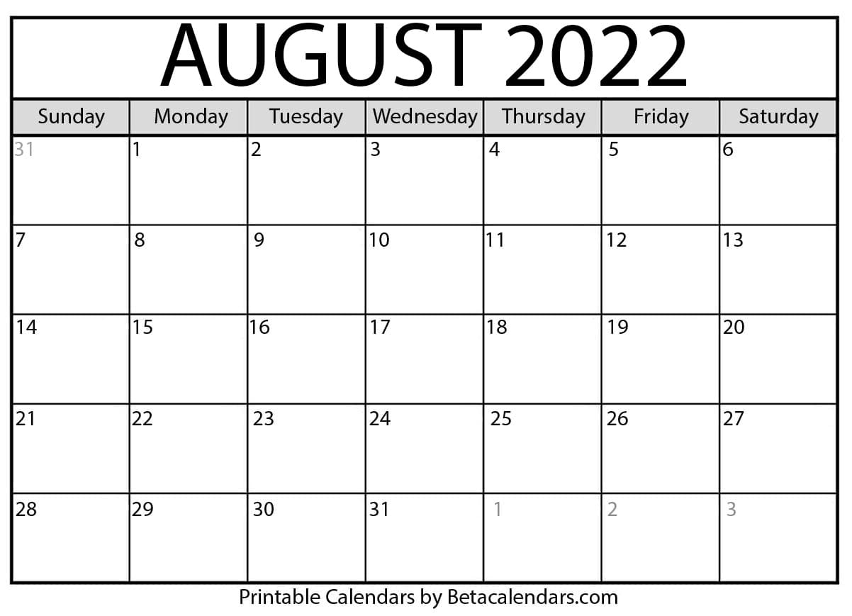 Free Calendar August 2022 Free Printable August 2022 Calendar
