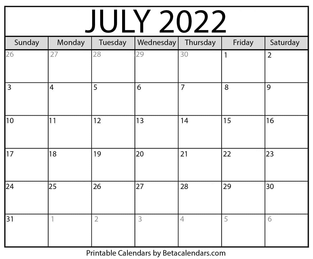 Free Printable July 2022 Calendar