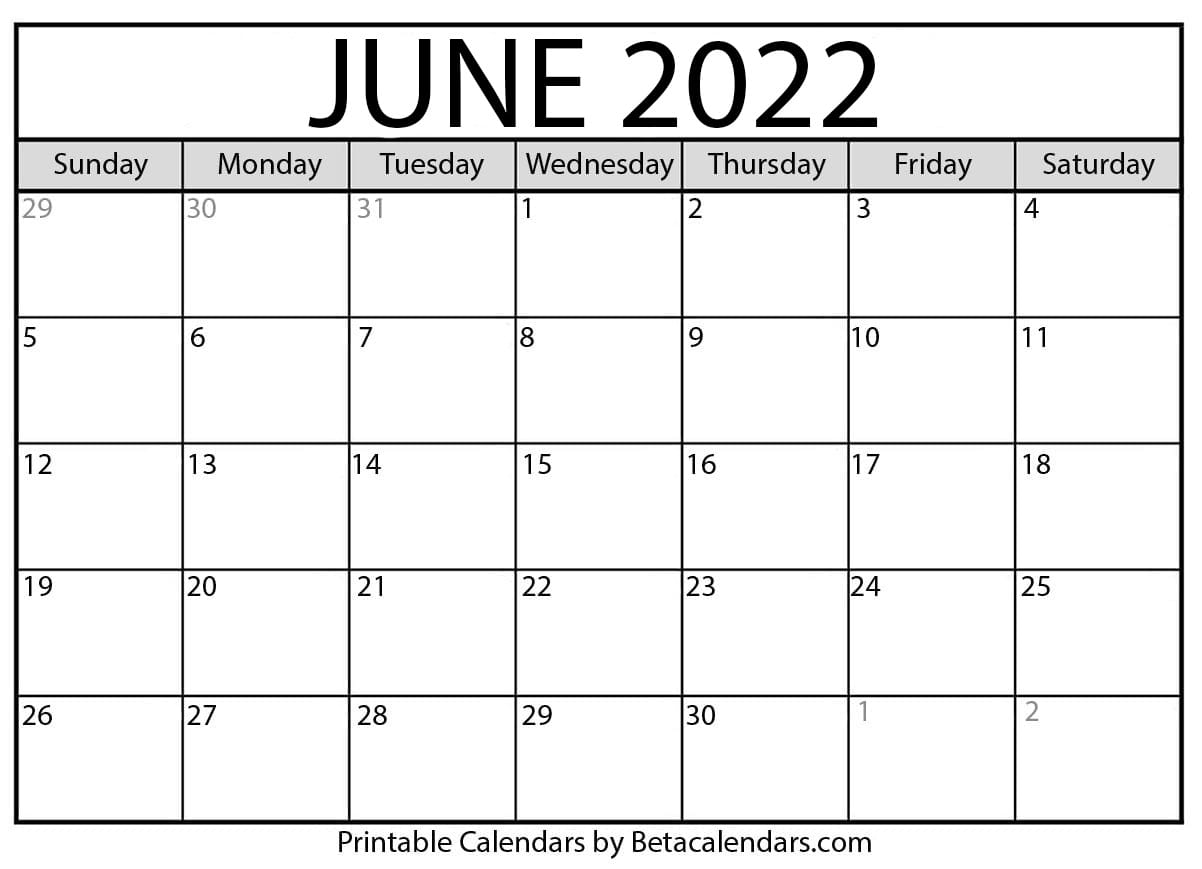Print Blank 2022 Calendar Free Printable June 2022 Calendar