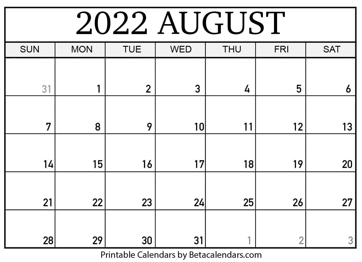 Free Printable August 2022 Calendar