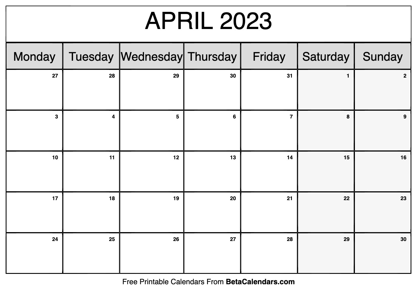 April 2023 Calendar Printable (Monday)
