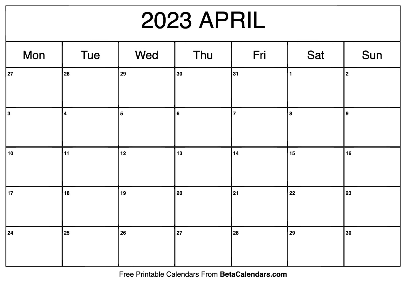 Free Printable April 2023 Calendar