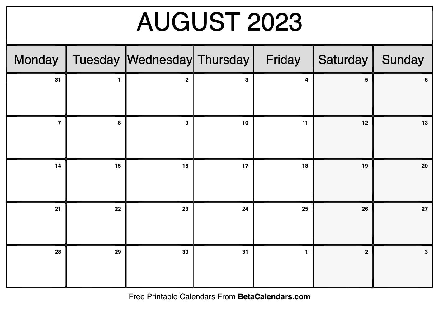 August 2023 Calendar Printable (Monday)