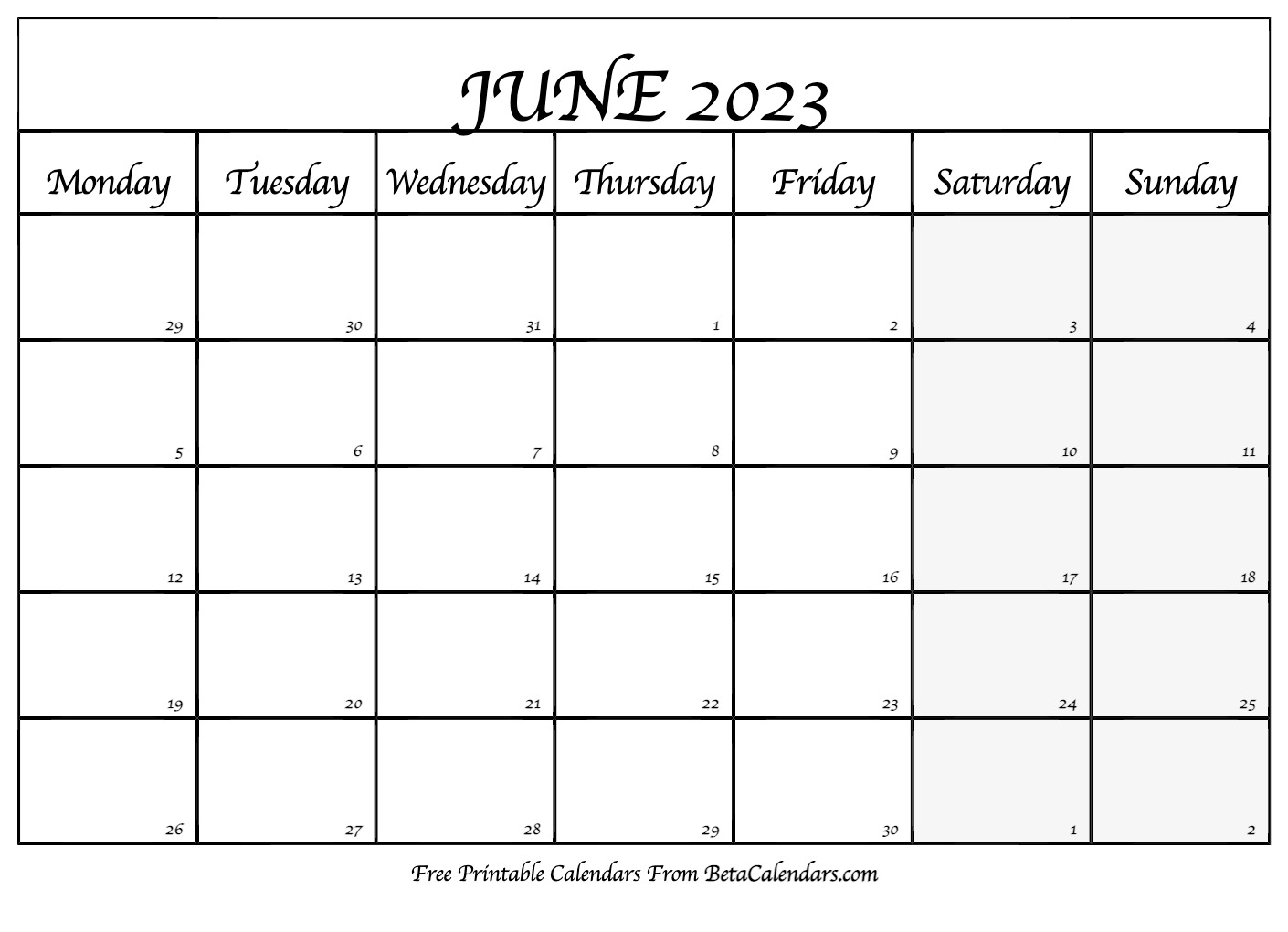 Blank June 2023 Calendar Template