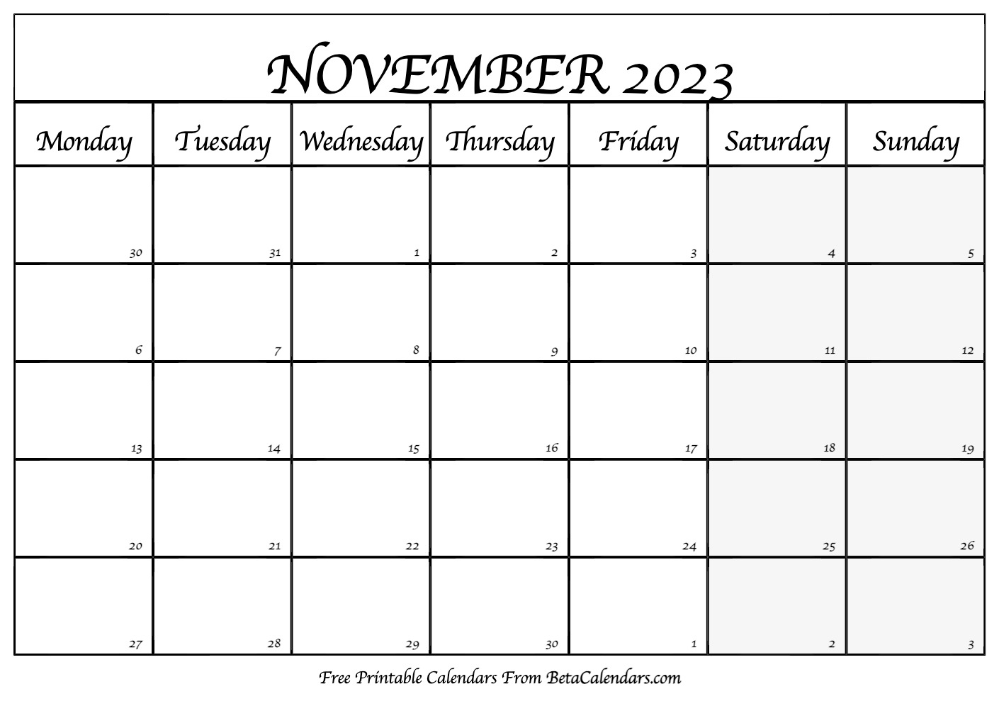 Blank November 2023 Calendar Template