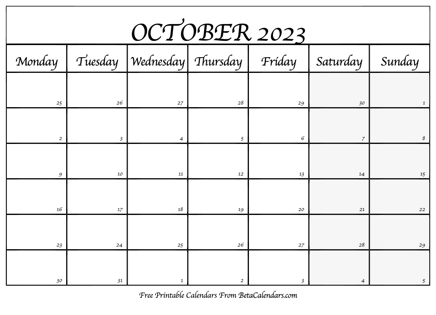 Blank October 2023 Calendar Template