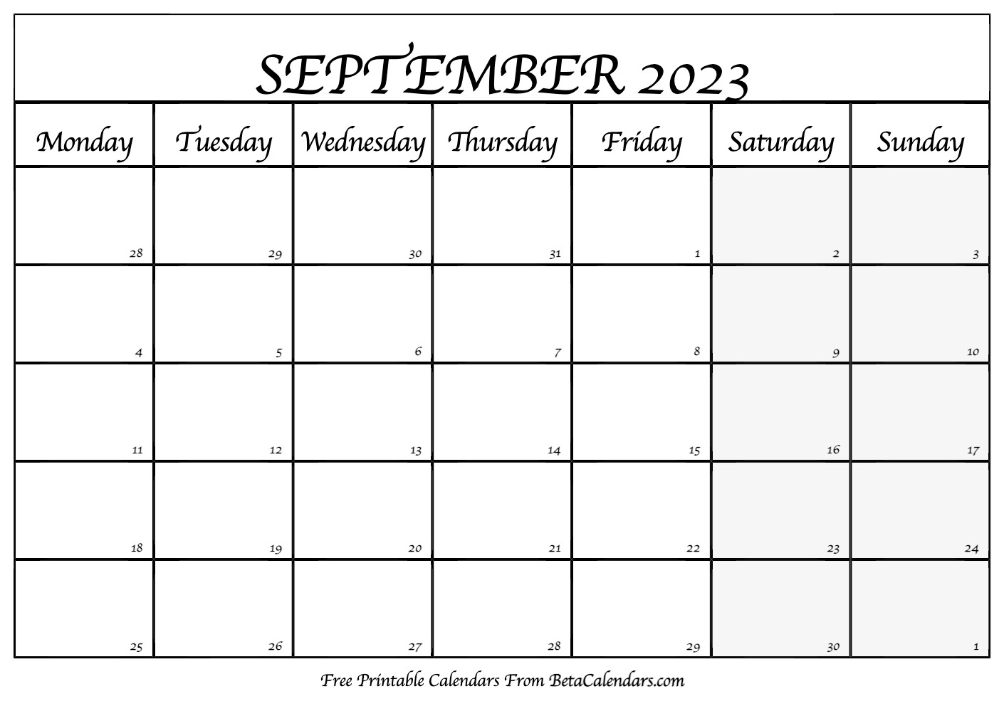 Blank September 2023 Calendar Template