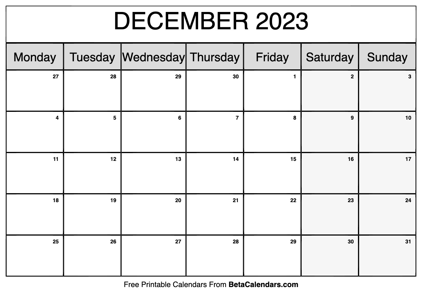 December 2023 Calendar Printable (Monday)