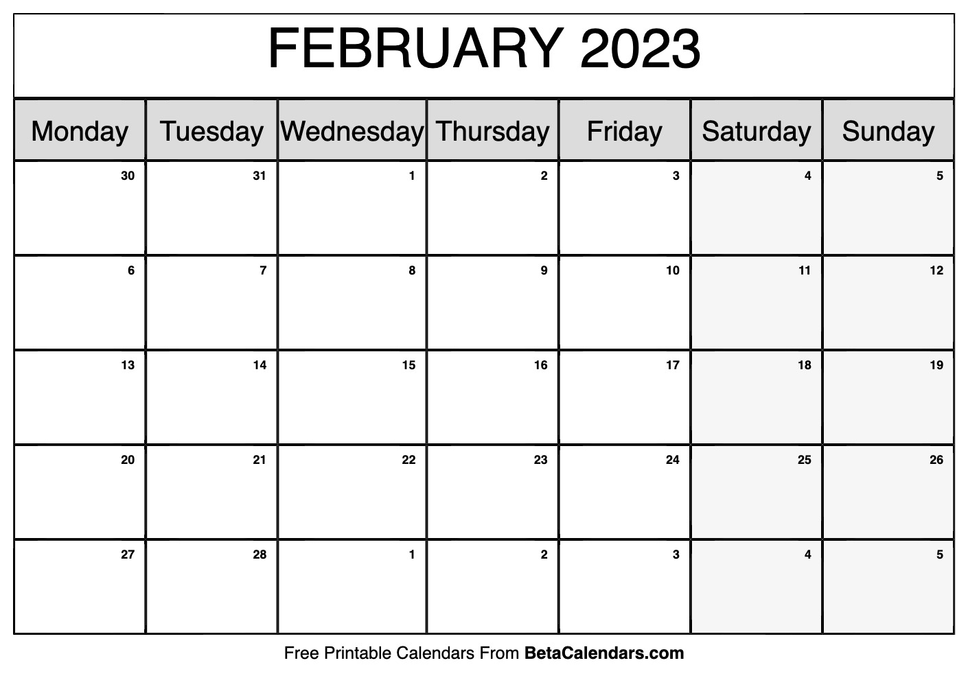 February 2023 Calendar Printable (Monday)