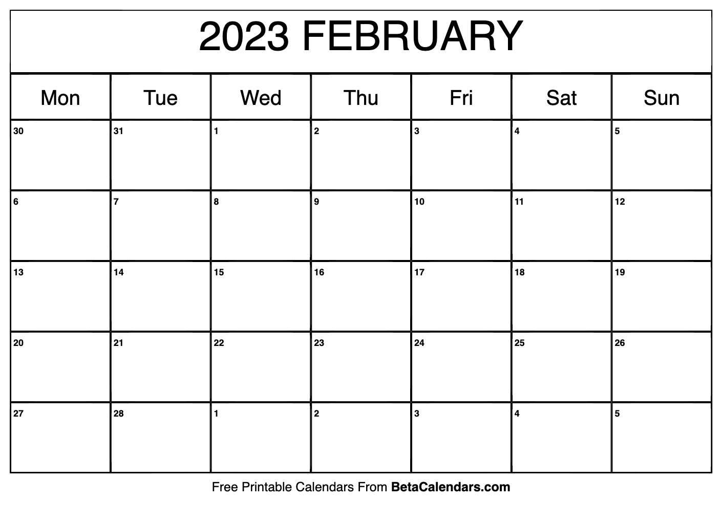 Free Printable February 2023 Calendar