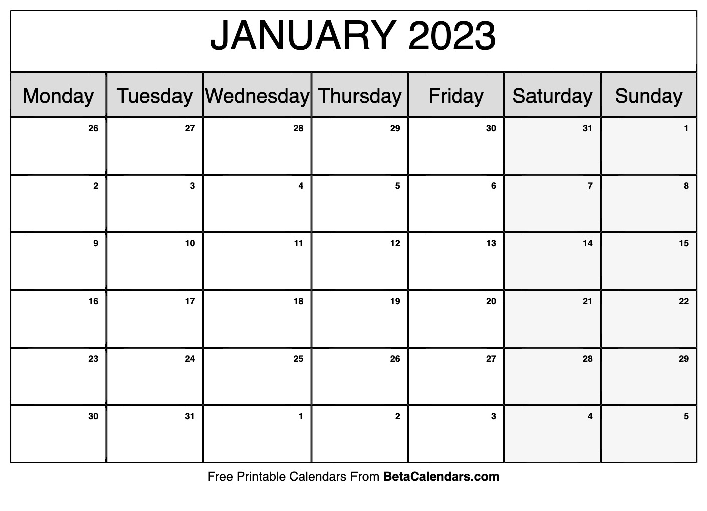 January 2023 Calendar Printable (Monday)