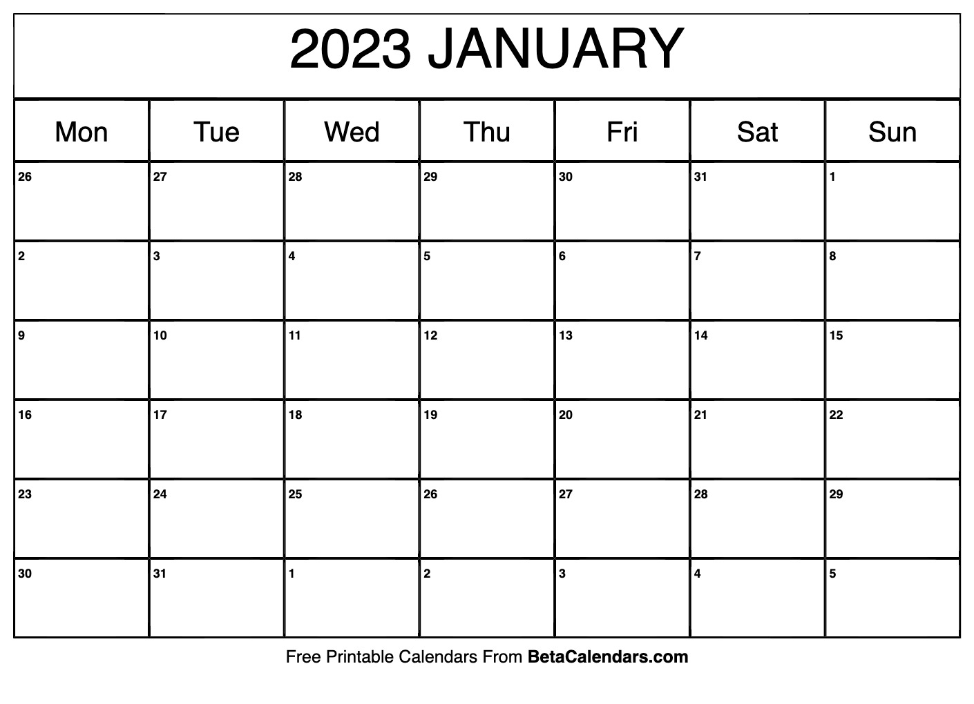 Free Printable January 2023 Calendar