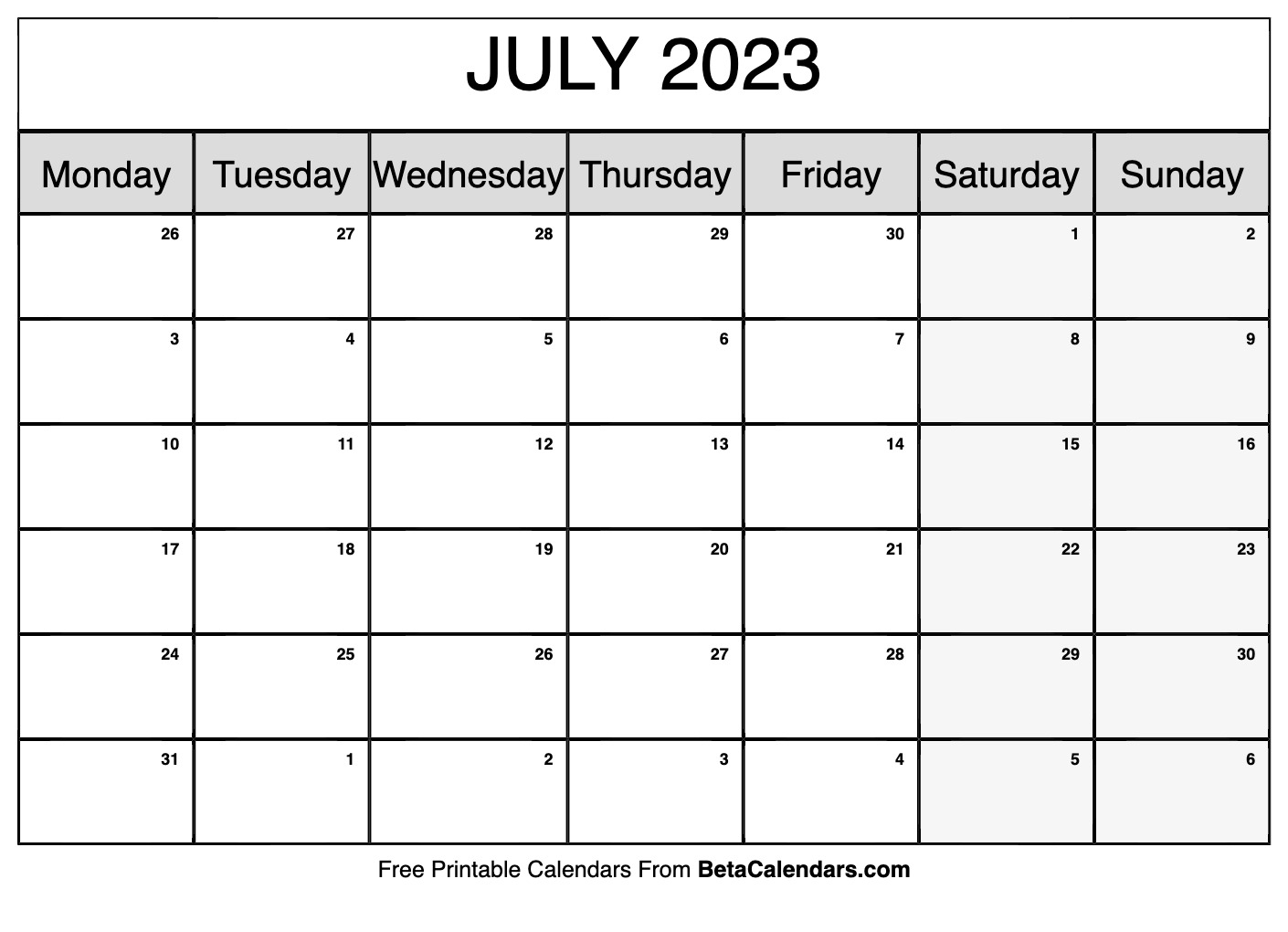 July 2023 Calendar Printable (Monday)