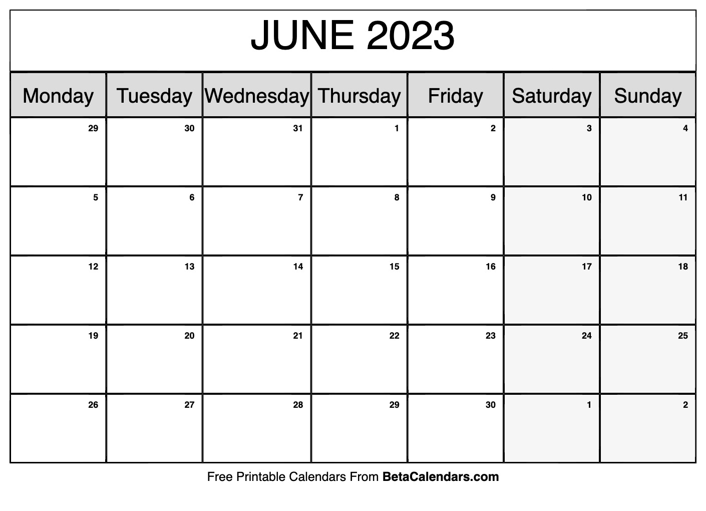 June 2023 Calendar Printable (Monday)