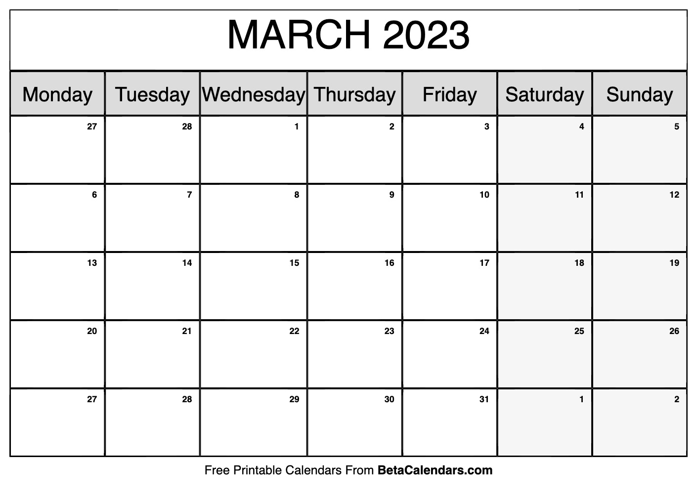 March 2023 Calendar Printable (Monday)